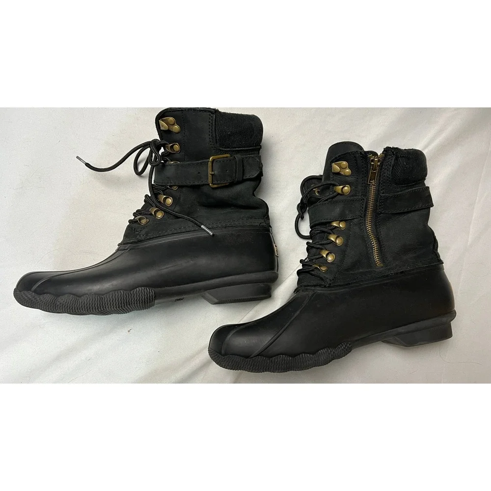 Sperry Saltwater Black Waterproof Duck Boots Women 9.5 STS83220 Side Zip Leather